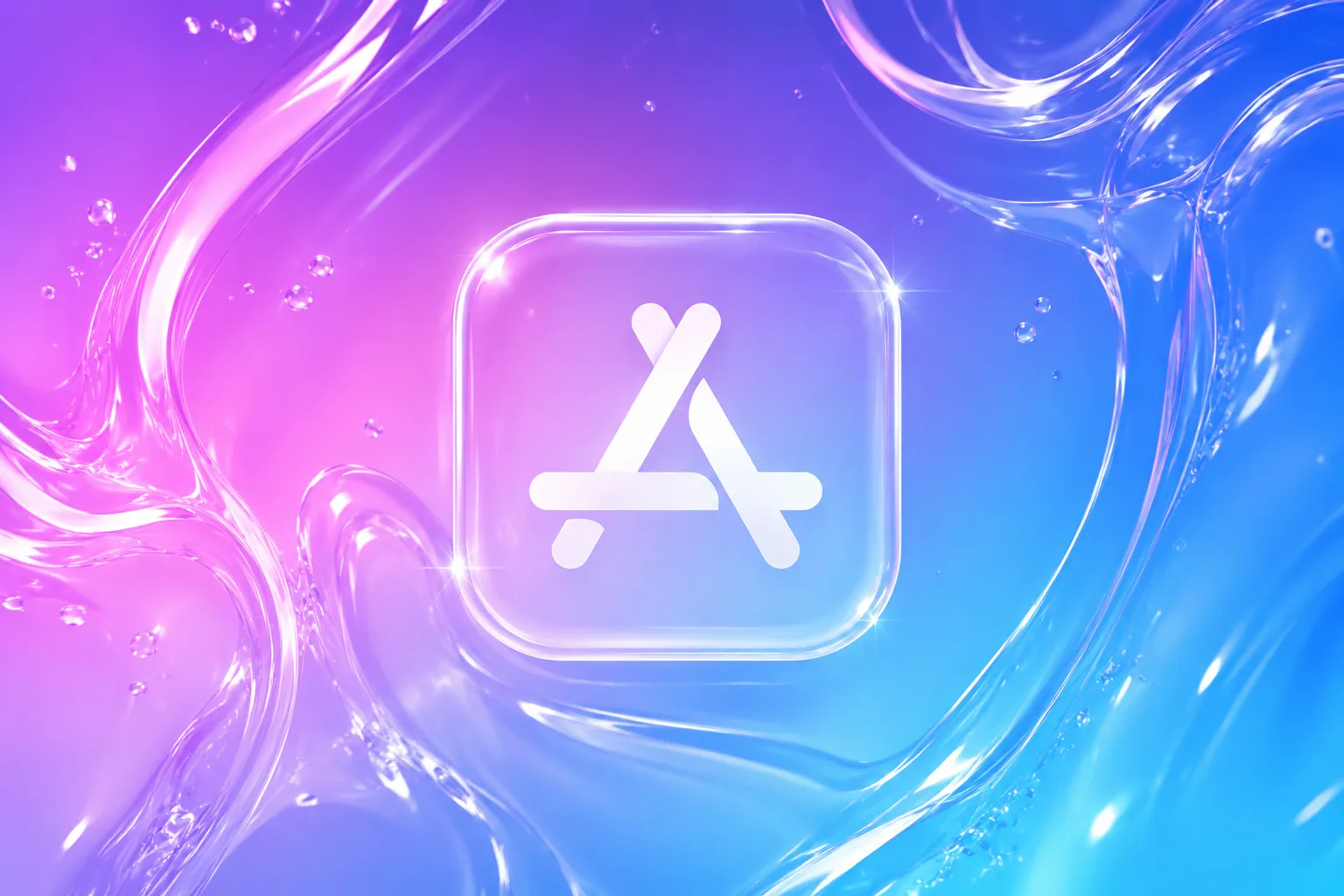 Gojek Driver App Source Code in React Native, Free Start: the App Store logo as a frosted glass icon on a pink and blue gradient with bubbles