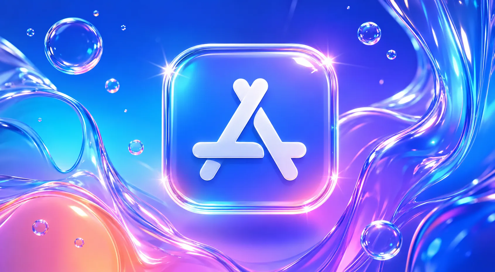 Free App Store Screenshot Generator for iOS Apps: the App Store logo on a glass tile over a blue gradient with bubbles