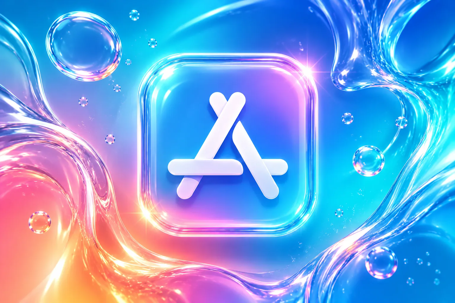 Why FlutterFlow Layouts Break in Xcode, and the Fix: a glossy App Store icon on a blue, pink and orange gradient with bubbles