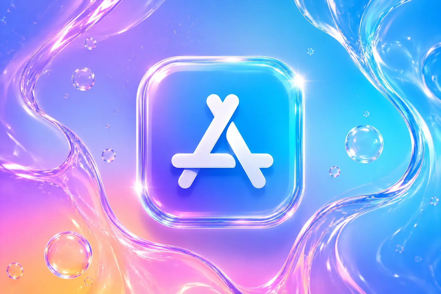 Automate App Store Builds With Fastlane (AI Apps): the App Store logo as a glossy glass icon on a purple and blue gradient with floating bubbles