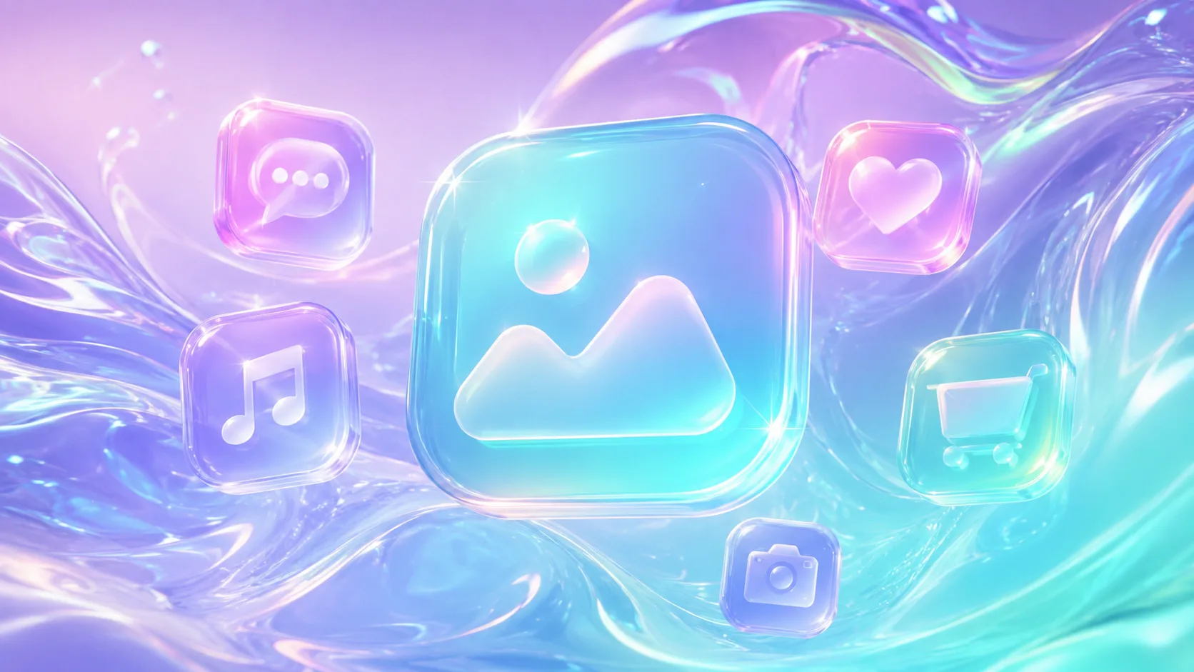 Cursor Mobile Workflow: Start From Templates, Not Prompts: a glass photo icon surrounded by chat, music, heart, camera and shopping app icons on a pastel gradient