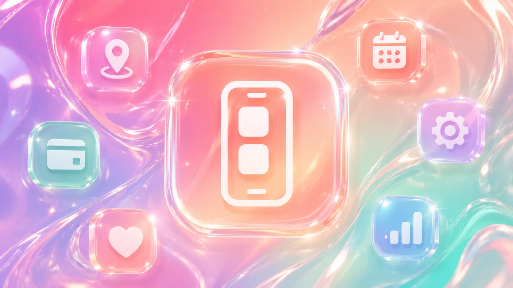 AdMob Banner Template in React Native, Free: a phone toggle icon surrounded by location, calendar, settings, wallet and chart app icons on a coral gradient
