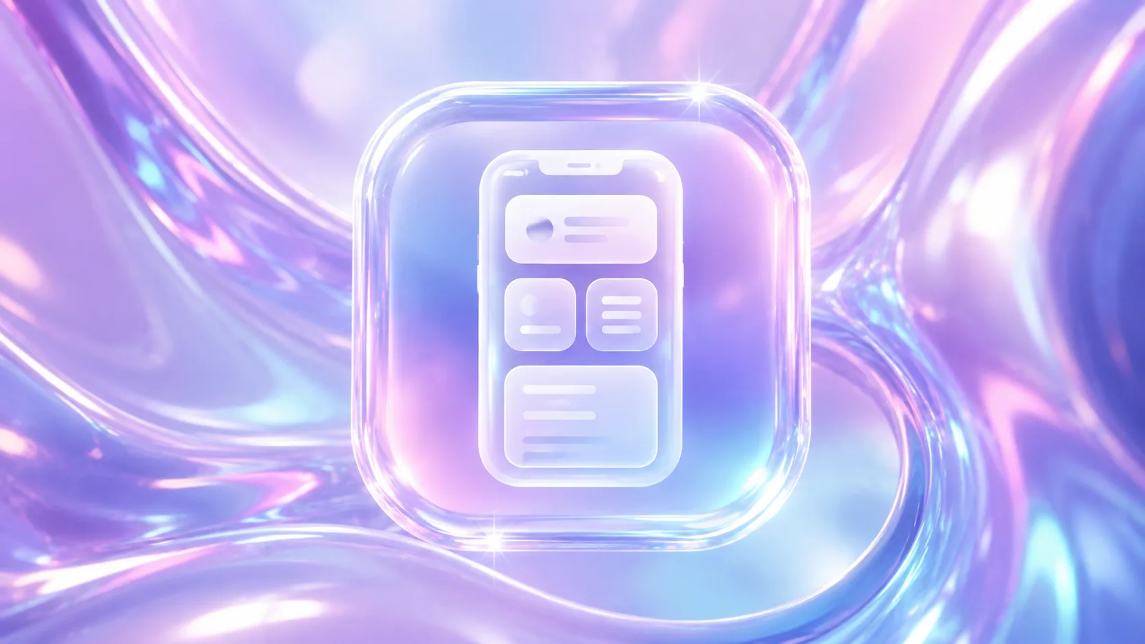 How to Build an iOS App With Cursor (Free Start): a glass iPhone UI wireframe icon on a holographic purple gradient